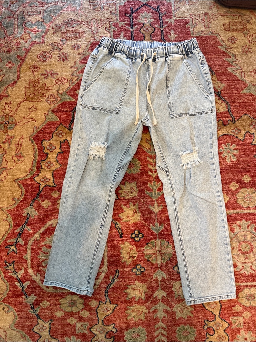 Light Wash Distressed Drawstring Denim Joggers